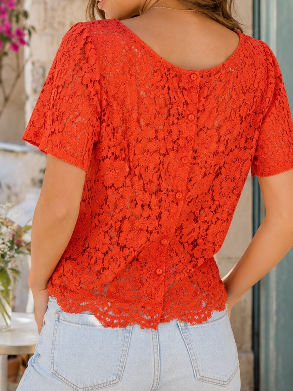 Solitaire Anthropologie Orange Floral Lace Button Back Blouse Top Size XL